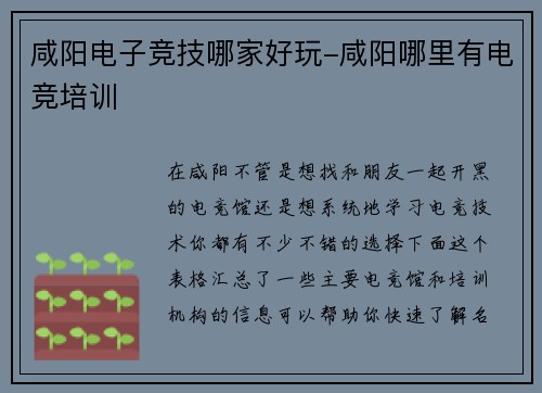 咸阳电子竞技哪家好玩-咸阳哪里有电竞培训